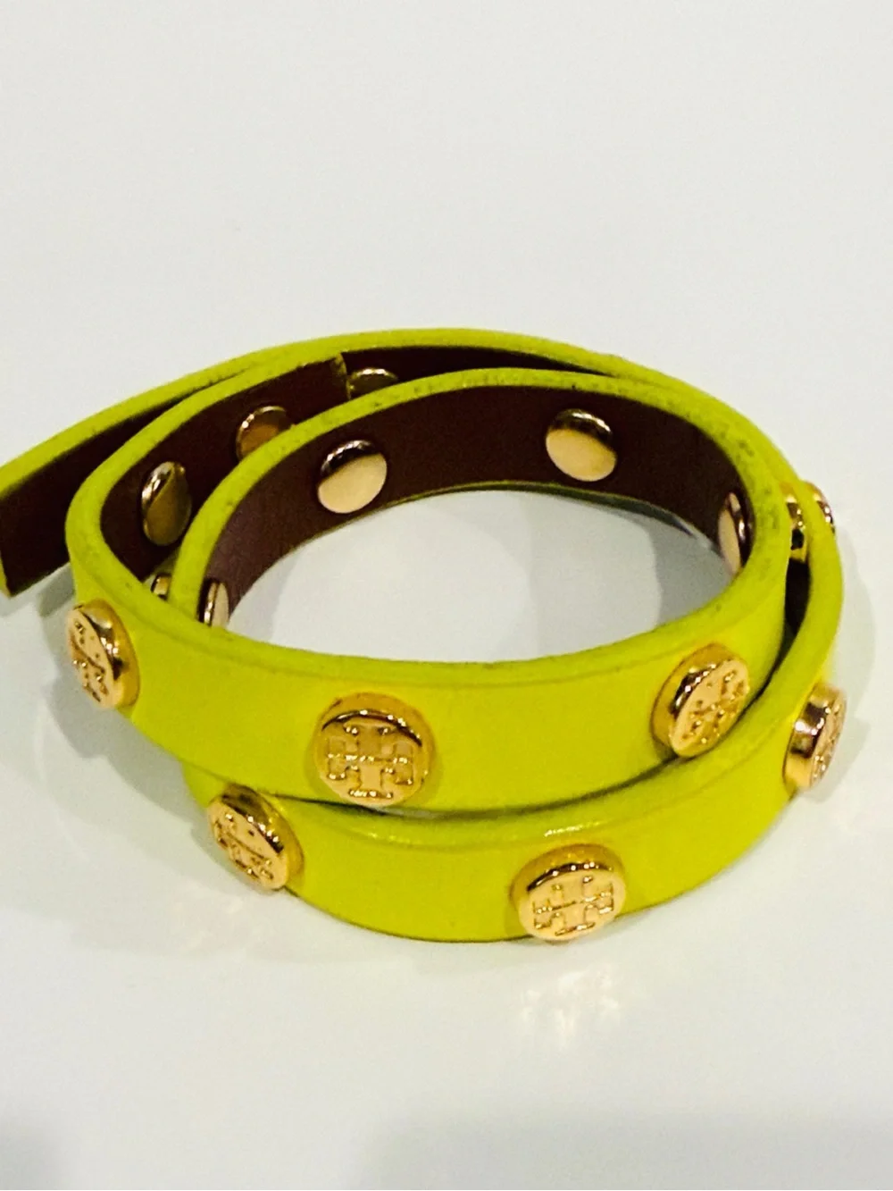 Tory Burch Neon Lime Double-Wrap Bracelet with Gold Medallions